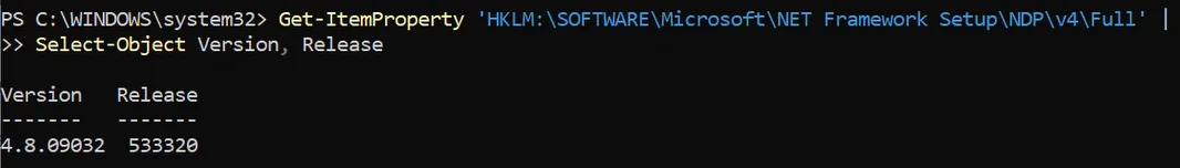 PowerShell çıktısında .NET Framework sürüm ve release değeri
