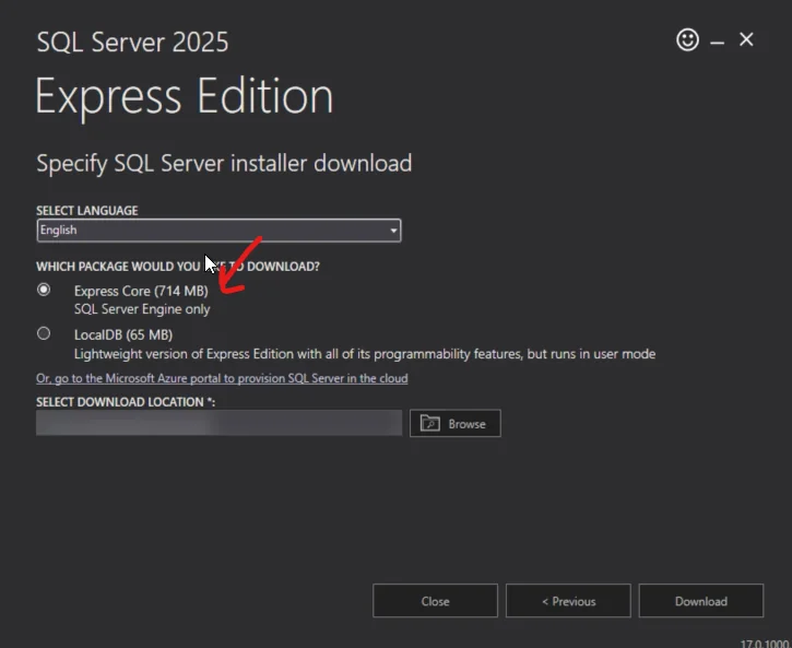 Express Core paket seçimi ve indirme konumu