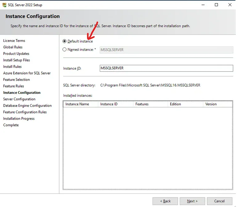 Instance Configuration ekranında Default instance